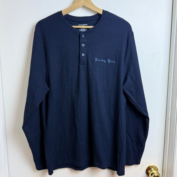 Lucky Brand Other - Lucky Brand Mens Cotton Henley Sleepwear L Navy Waffle Knit Long Sleeve Comfy